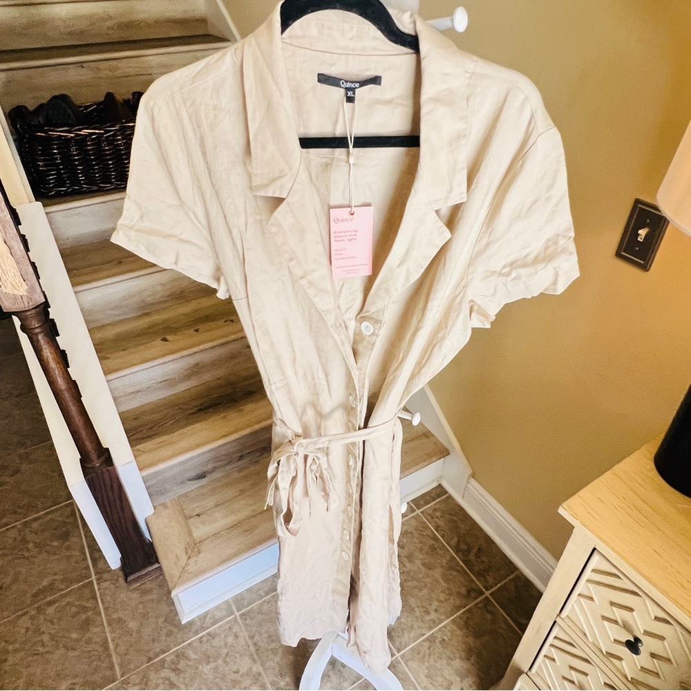 Quince Cream Short-Sleeve Button Midi Shirt Dress